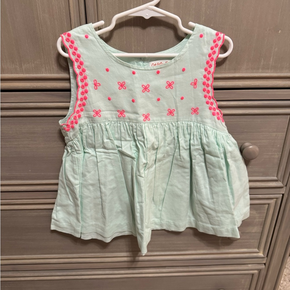 Mint Green and Pink Butterfly Embroidered Girls Top